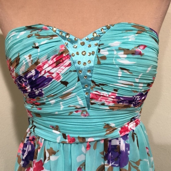 Ever Pretty High Low Dress Size US 6 Rhinestone Aqua Blue Floral Print - Picture 3 of 9